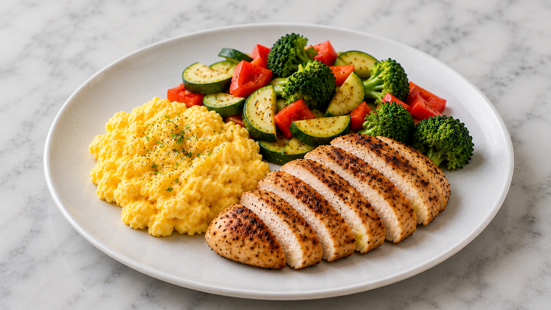 A small, balanced plate of eggs, grilled chicken, and well-cooked vegetables suited to eating on Ozempic