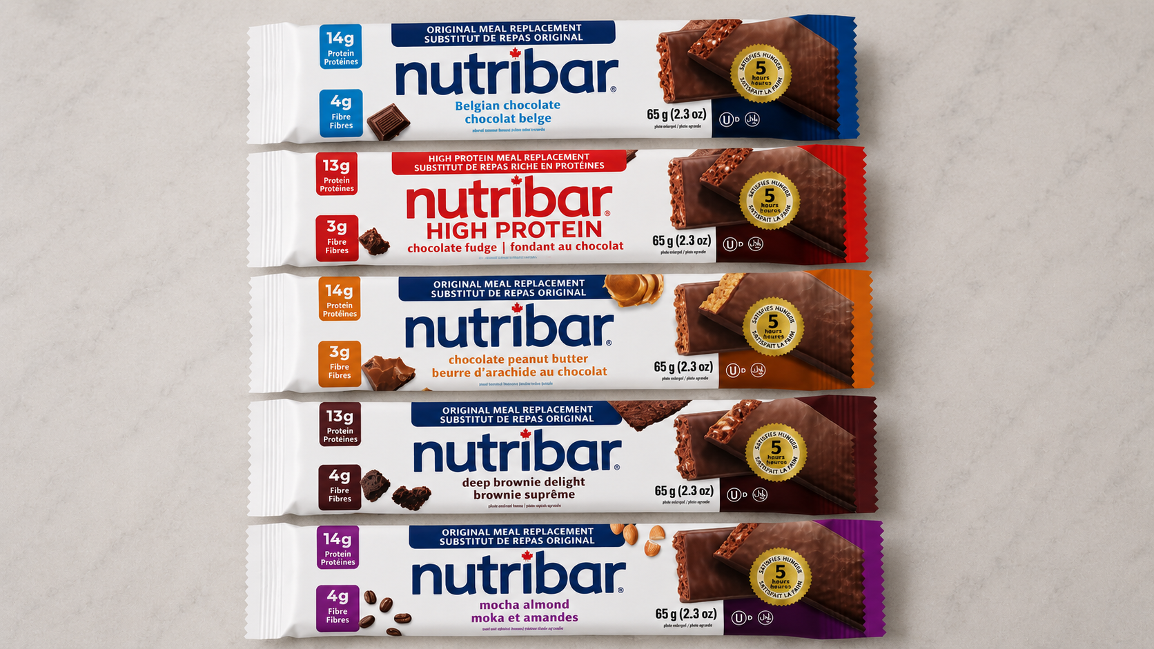 Assortment of Canadian-made Nutribar nutrition bars with nutrition label facing up