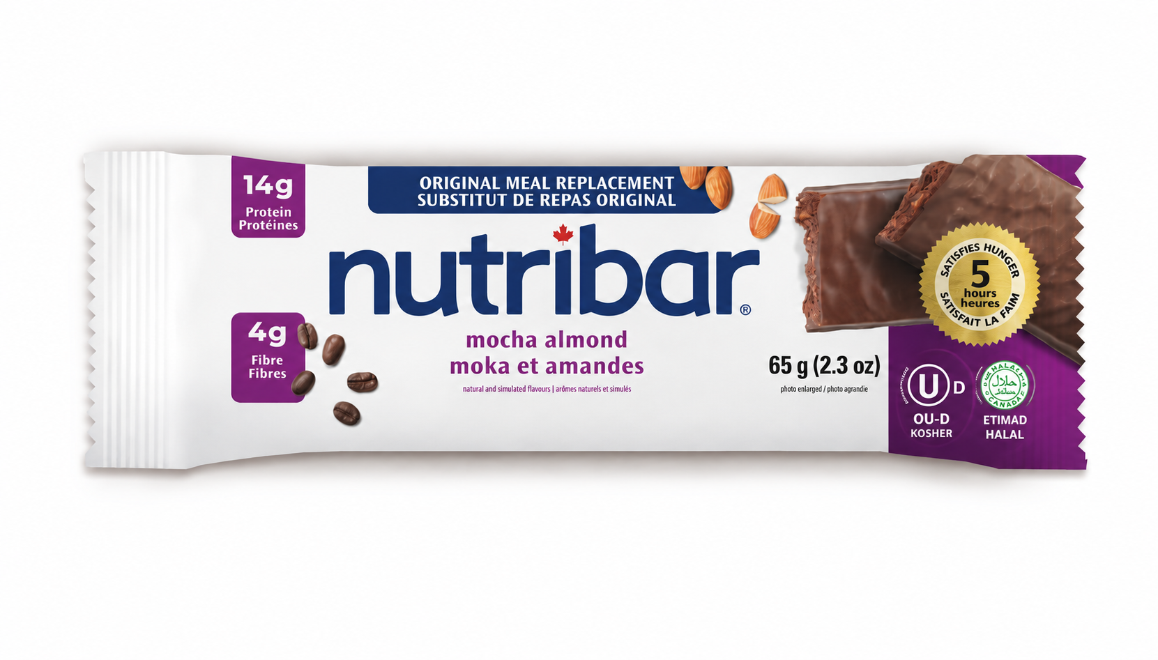Canadian-made meal replacement bar packaging showing OU-D Kosher and Etimad Halal certification marks