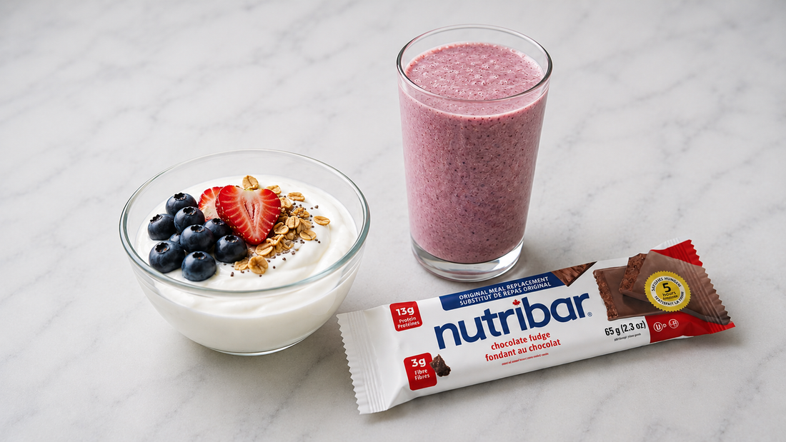 Cold, easy-to-tolerate foods like Greek yogurt, a smoothie, and a nutrition bar for low-appetite days on a GLP-1