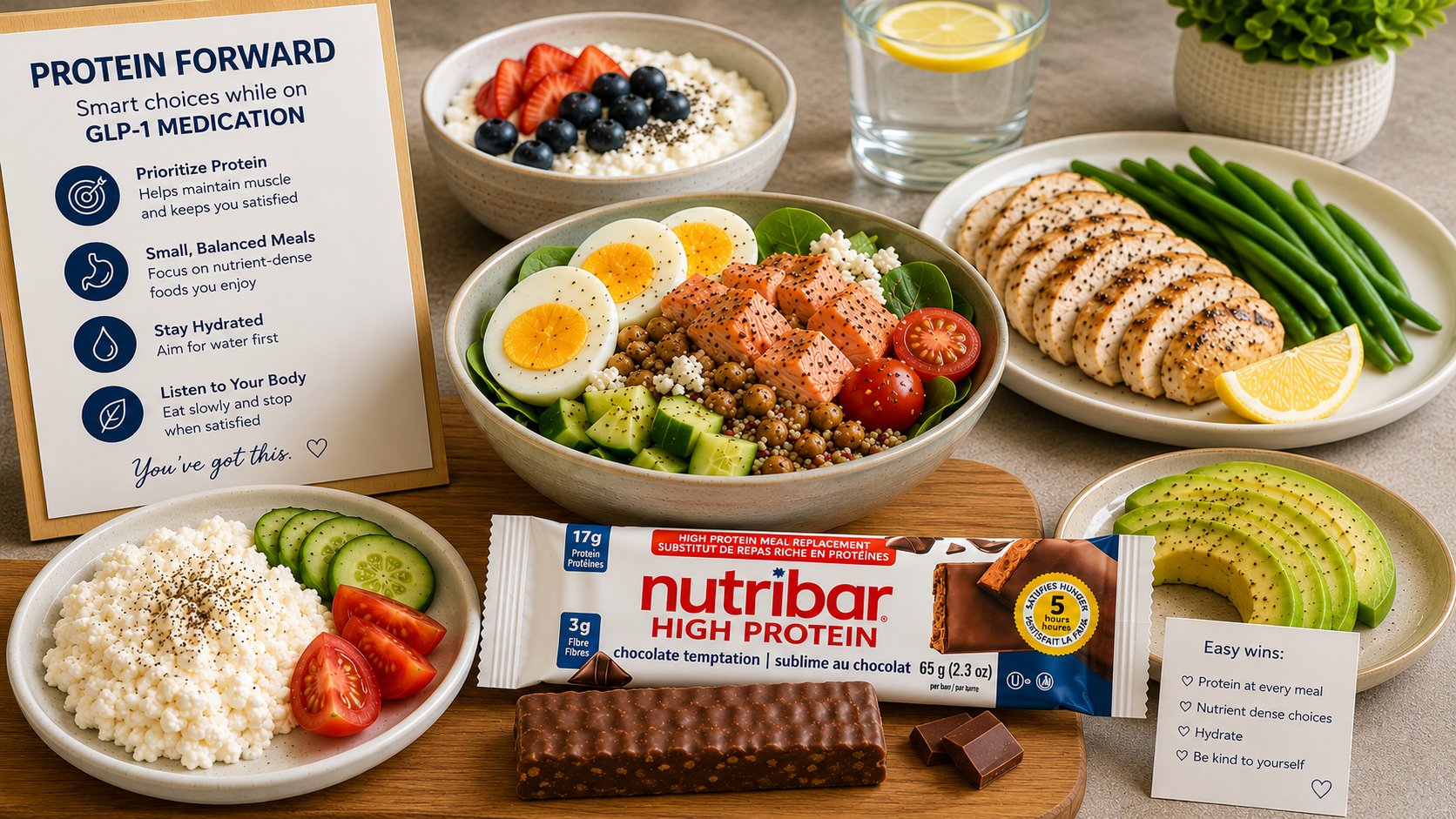 Protein-forward foods and a Nutribar high protein bar arranged for someone managing nutrition on a GLP-1 medication