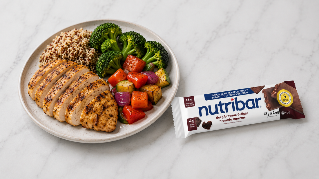 Protein-forward meal and a Nutribar bar representing maintenance nutrition after stopping a GLP-1 medication
