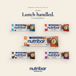 Four nutribar bars displayed on a white background with the brand name and tagline.