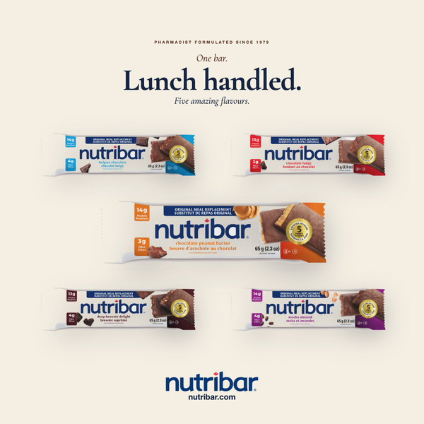 Four nutribar bars displayed on a white background with the brand name and tagline.