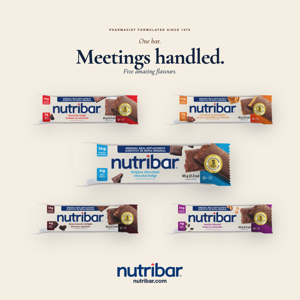 Five Nutribar bars displayed on a white background with the brand name and tagline.