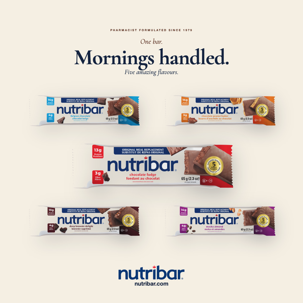 Four nutribar chocolate bars displayed on a white background with the brand name and tagline.