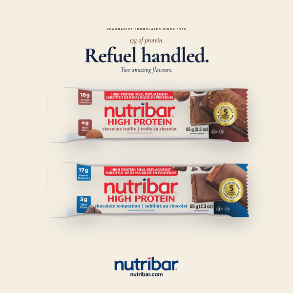Two Nutribar high protein bars on a light beige background with branding and product details.
