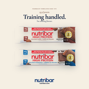 Two Nutribar high protein bars on a light beige background with branding and product details.
