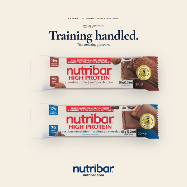 Two Nutribar high protein bars on a light beige background with branding and product details.