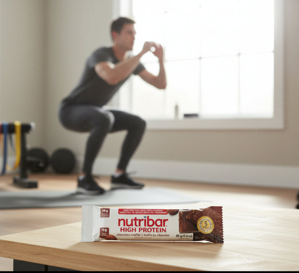 Two Nutribar high protein bars on a light beige background with branding and product details.