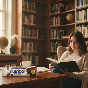 Woman reading a book in a library with a Nutribar on the table.