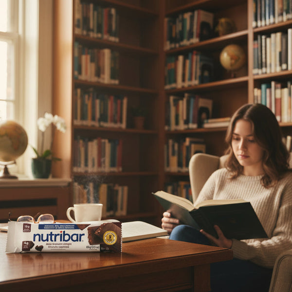 Woman reading a book in a library with a Nutribar on the table.