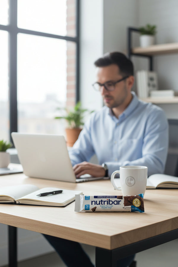 Man working on a laptop at a desk with a Nutribar and coffee cup in front of him.
