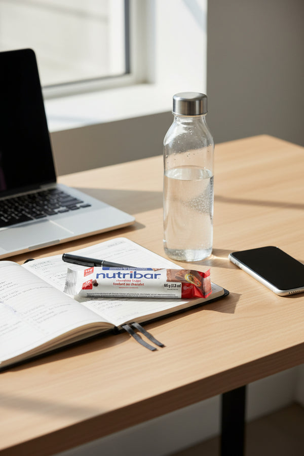 Laptop, water bottle, smartphone, and notebook on a desk with a nutribar visible.