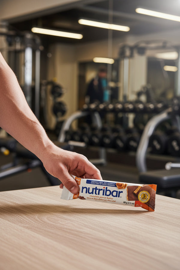 Hand holding a Nutribar on a table in a gym setting