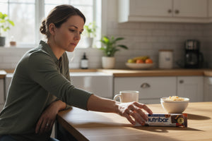 Woman in a kitchen with a Nutribar box on a table
