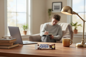 Person sitting at a desk with a laptop, Nutribar, and coffee, in a home office setting.