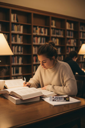 Person studying at a library with books and a lamp in the background