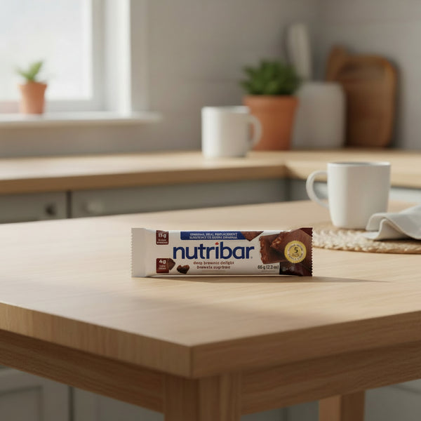 Nutribar package on a wooden table with a blurred kitchen background