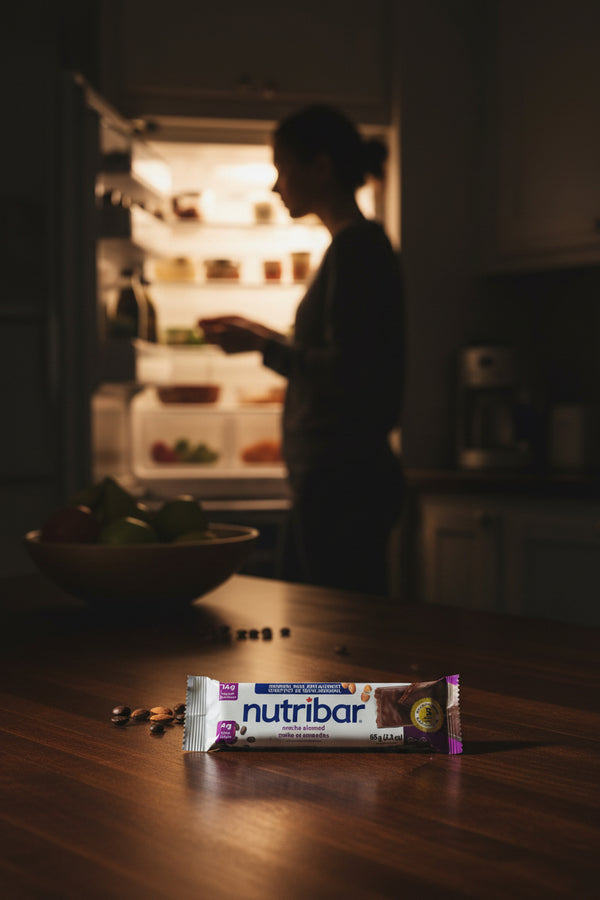 Person standing in a kitchen with an open refrigerator, Nutribar bar on a table in the foreground.