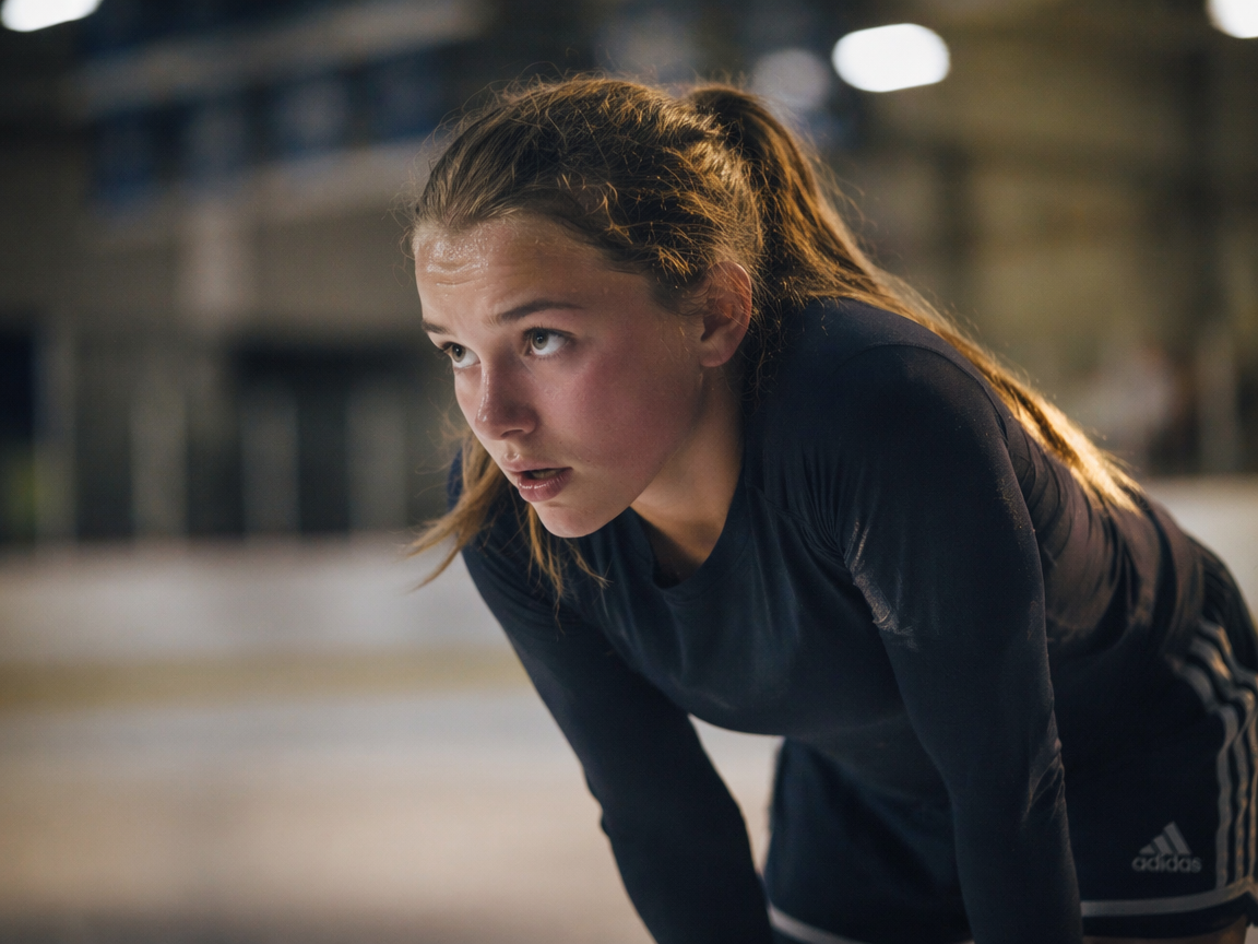 Jeune athlète sur la glace, concentré avant un match